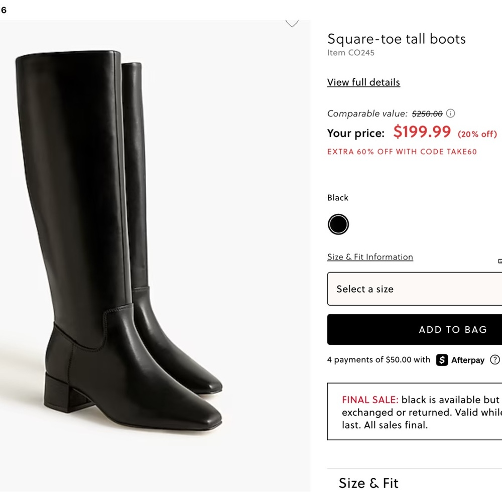 Black Square-Toe Tall Boots, J Crew Size 9 Brand New Still In The Box